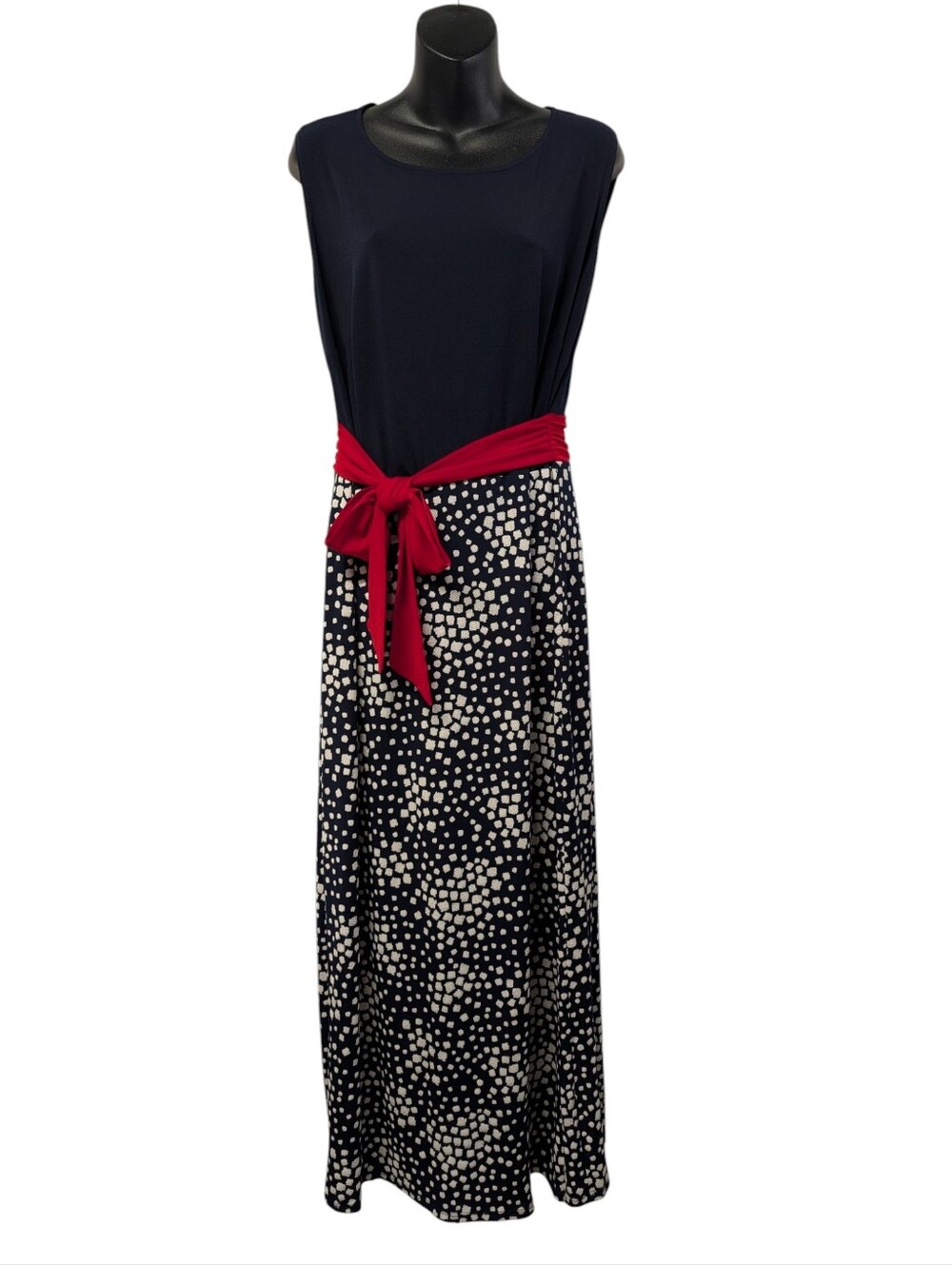En Focus Plus Size 16W Navy & Cream Dot Print Maxi Dress with Red Tie Belt